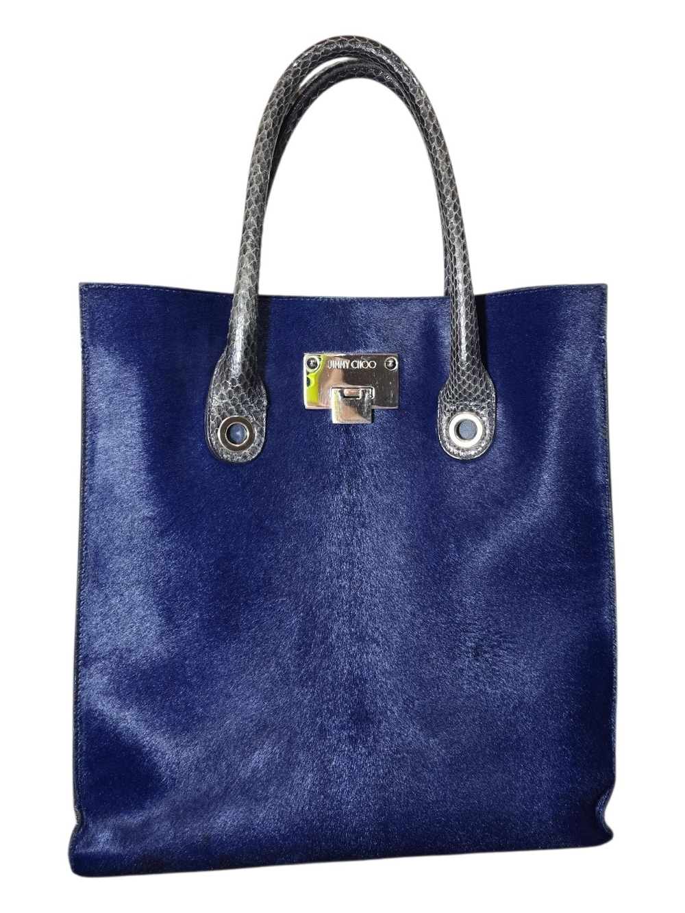 Jimmy Choo Blue Ponyhair Tote with Python Accents